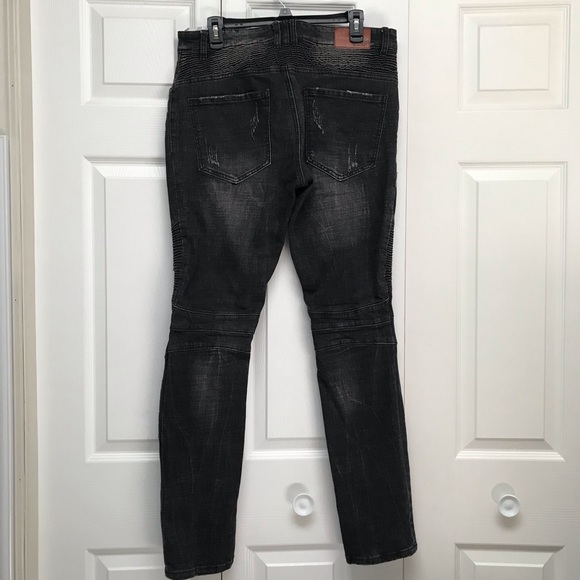 Mens patched up rock n roll studded distressed bootcut jeans - Picture 2 of 5